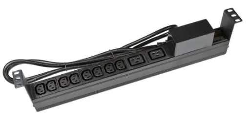 10 Outlet Horizontal Power Rail (8x 10A IEC C13 & 2x 16A IEC C19) with 6KA C-Curve Circuit Breaker. Integrated 2m power cord (16A IEC C20) 1RU. Colour Black.