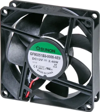 80mm 12VDC IP68 Ball Bearing Cooling Fan Sunon GF80251B3-000U-AE9.  A 12V DC 80mm Sunon Ball Bearing Waterproof Cooling Fan with thermoplastic frame. IP68 rated fan.
