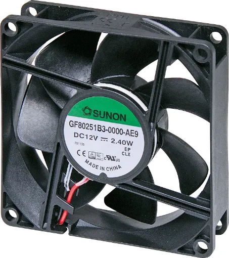Sunon GF80251B3-000U-AE9.  A 12V DC 80mm Sunon Ball Bearing Waterproof Cooling Fan with thermoplastic frame. IP68 rated fan.