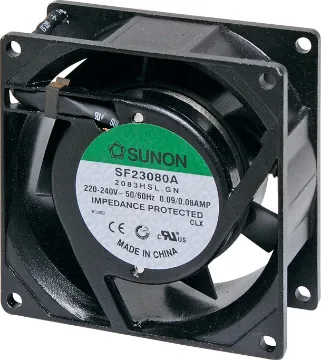 80mm 240VAC Sleeve Bearing Cooling Fan Sunon SF23080A-2083HSL.GN. A 240V AC 80mm Sunon Sleeve Bearing Cooling Fan with die cast aluminium frame.