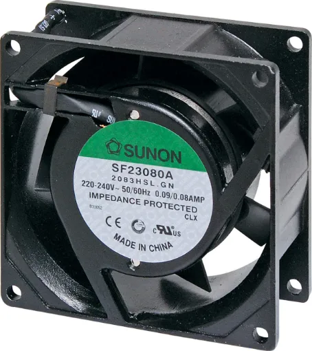 Sunon SF23080A-2083HSL.GN. A 240V AC 80mm Sunon Sleeve Bearing Cooling Fan with die cast aluminium frame. 