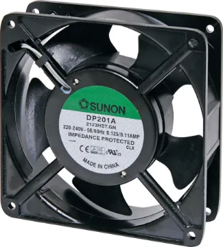 120mm 240VAC Sleeve Bearing Cooling Fan Sunon DP201A-2123HST.GN. A 240V AC 120mm Sunon Sleeve Bearing Cooling Fan with diecast aluminium frame.