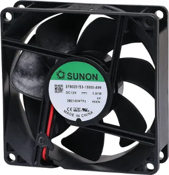 80mm 12VDC Sleeve Bearing Cooling Fan Sunon EF80251S3-1000U-A99. A 12V DC 80mm Sunon Sleeve Bearing Cooling Fan with thermoplastic frame.