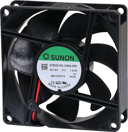 Sunon EF80251S3-1000U-A99. A 12V DC 80mm Sunon Sleeve Bearing Cooling Fan with thermoplastic frame. 