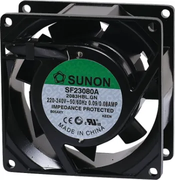 80mm 240VAC Ball Bearing Cooling Fan Sunon SF23080A-2083HBL.GN. A 240V AC 80mm Sunon Ball Bearing Cooling Fan with diecast aluminium frame.