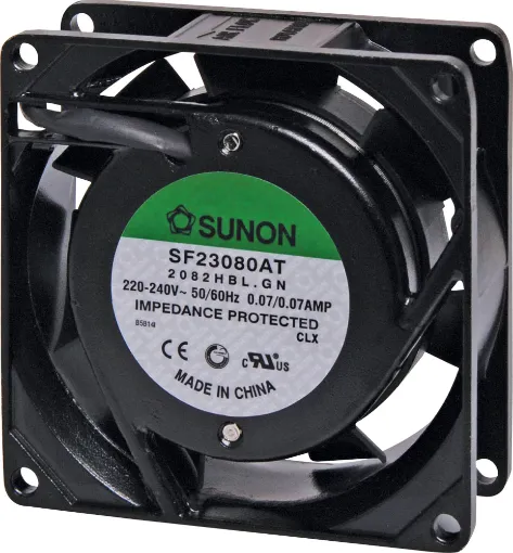 Sunon SF23080AT-2082HBL.GN. A 240V AC 80mm Sunon Ball Bearing Cooling Fan with diecast aluminium frame. 