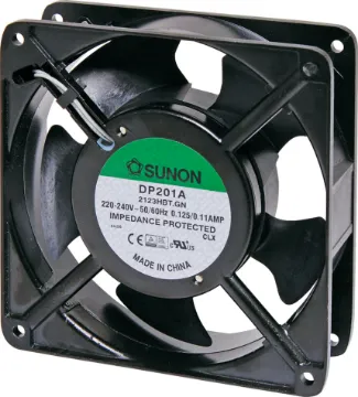 120mm 240VAC Ball Bearing Cooling Fan Sunon DP201A-2123HBT.GN.  A 240V AC 120mm Sunon Ball Bearing Cooling Fan with diecast aluminium frame.