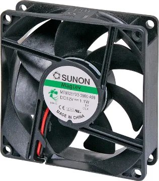 80mm 12VDC Maglev Bearing Cooling Fan Sunon MF80251V3-1000U-A99. A 12V DC 80mm Sunon Maglev/Vapo Bearing Cooling Fan with thermoplastic frame.