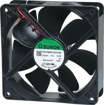 120mm 24VDC Ball Bearing Cooling Fan Sunon EEC0382B2-000U-A99. A 24V DC 120mm Sunon Ball Bearing Cooling Fan with thermoplastic frame.