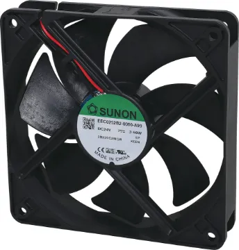 120mm 24VDC Ball Bearing Cooling Fan Sunon EEC0252B2-000U-A99. A 24V DC 120mm Sunon Ball Bearing Cooling Fan with thermoplastic frame.