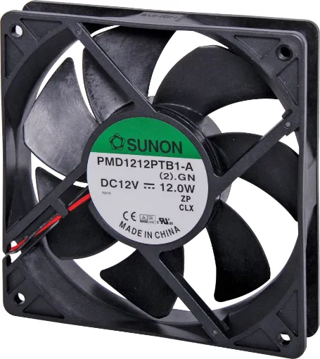 Sunon PMD1212PTB1-A(2).GN. A 12V DC 120mm Sunon Ball Bearing Cooling Fan with thermoplastic frame.