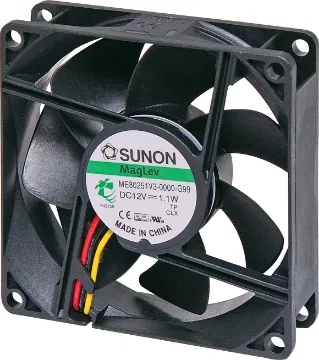 80mm 12VDC 3 Wire Maglev Bearing Cooling Fan Sunon MF80251V3-1000U-G99. A 12V DC 80mm Sunon Maglev/Vapo Bearing 3 Wire Cooling Fan with thermoplastic frame.