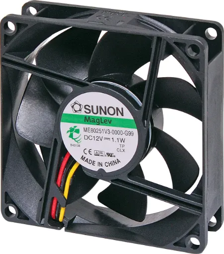 Sunon MF80251V3-1000U-G99. A 12V DC 80mm Sunon Maglev/Vapo Bearing 3 Wire Cooling Fan with thermoplastic frame.