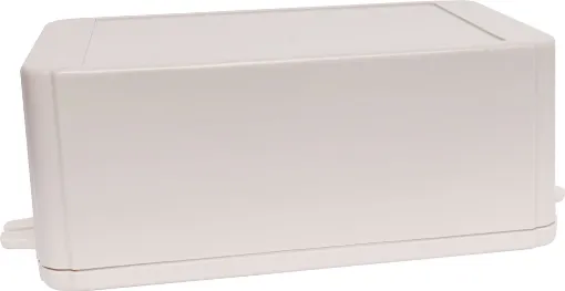 This range of low cost 
ABS enclosures include mounting ears for surface mounting. In addition, they include a shallow recess on the base and lid to house a membrane or lexan panel. Moulded mounting posts are included in both the base and lid for securin