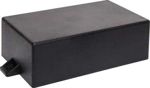 Compact plastic housing with mounting flanges.