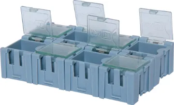 8 Way SMD Parts Storage Case Spring loaded tops. Includes 8 interlocking compartments that can be expanded to store as much as you need! 
Compartment size: 24.5x31x22mm.