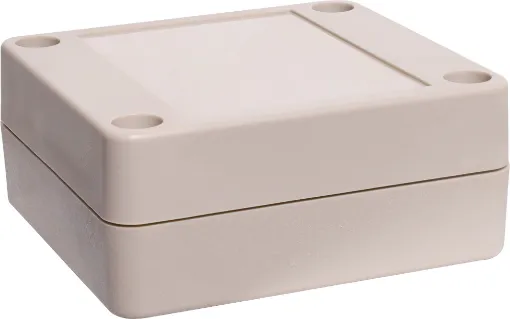 A compact 65x60x28mm sealed box enclosure fitted with solid grey lid. Manufactured by Ritec. Supplied with neoprene lid sealing gasket. With the seal installed, these enclosures meet IP65 dust and hose proof standard. PCB mounting points are moulded into the enclosure base. 
