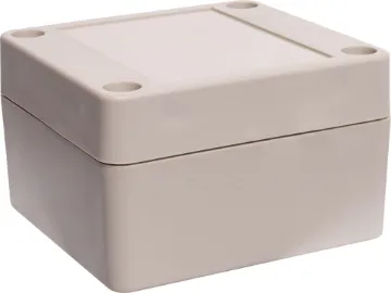 65Lx60Wx40Hmm IP65 Sealed ABS Enclosure Supplied with neoprene lid sealing gasket. With the seal installed, these enclosures meet IP65 dust and hose proof standard. Supplied with a solid light grey lid (also available with a transparent lid, see H 0320). PCB mounting points are moulded into the