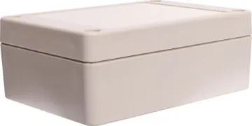 105Lx75Wx40Hmm IP65 Sealed ABS Enclosure Supplied with neoprene lid sealing gasket. With the seal installed, these enclosures meet IP65 dust and hose proof standard. Supplied with a solid light grey lid (also available with a transparent lid, see H 0321). PCB mounting points are moulded into the