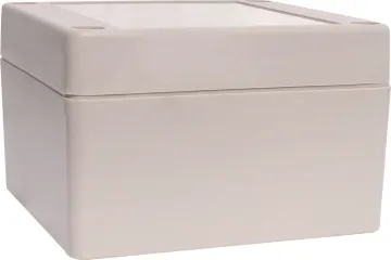 85Lx80Wx55Hmm IP65 Sealed ABS Enclosure Supplied with neoprene lid sealing gasket. With the seal installed, these enclosures meet IP65 dust and hose proof standard. Supplied with a solid light grey lid (also available with a transparent lid, see H 0322). PCB mounting points are moulded into the