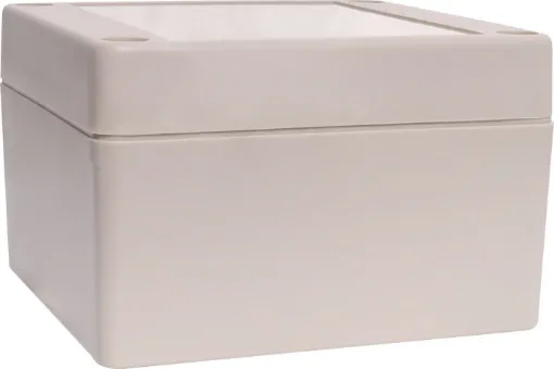 Supplied with neoprene lid sealing gasket. With the seal installed, these enclosures meet IP65 dust and hose proof standard. Supplied with a solid light grey lid (also available with a transparent lid, see H 0322). PCB mounting points are moulded into the