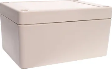 105Lx75Wx55Hmm IP65 Sealed ABS Enclosure Supplied with neoprene lid sealing gasket. With the seal installed, these enclosures meet IP65 dust and hose proof standard. Supplied with a solid light grey lid (also available with a transparent lid, see H 0323). PCB mounting points are moulded into the