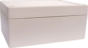 125Lx85Wx55Hmm IP65 Sealed ABS Enclosure Supplied with neoprene lid sealing gasket. With the seal installed, these enclosures meet IP65 dust and hose proof standard. Supplied with a solid light grey lid (also available with a transparent lid, see H 0324). PCB mounting points are moulded into the