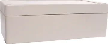 165Lx85Wx55Hmm IP65 Sealed ABS Enclosure Supplied with neoprene lid sealing gasket. With the seal installed, these enclosures meet IP65 dust and hose proof standard. Supplied with a solid light grey lid (also available with a transparent lid, see H 0326). PCB mounting points are moulded into the