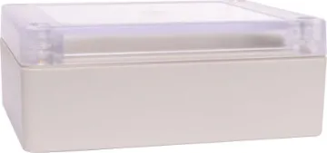 105Lx75Wx40Hmm IP65 Sealed ABS Enclosure Supplied with neoprene lid sealing gasket. With the seal installed, these enclosures meet IP65 dust and hose proof standard. Supplied with a transparent lid (available with a solid grey lid, see H0301). PCB mounting points are moulded into the enclosure b