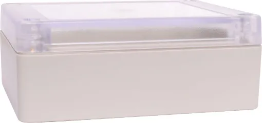 Supplied with neoprene lid sealing gasket. With the seal installed, these enclosures meet IP65 dust and hose proof standard. Supplied with a transparent lid (available with a solid grey lid, see H0301). PCB mounting points are moulded into the enclosure b