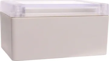 105Lx75Wx55Hmm IP65 Sealed ABS Enclosure Supplied with neoprene lid sealing gasket. With the seal installed, these enclosures meet IP65 dust and hose proof standard. Supplied with a transparent lid (available with a solid grey lid, see H0303). PCB mounting points are moulded into the enclosure b
