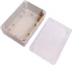 Supplied with neoprene lid sealing gasket. With the seal installed, these enclosures meet IP65 dust and hose proof standard. Supplied with a transparent lid (available with a solid grey lid, see H0304). PCB mounting points are moulded into the enclosure b