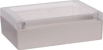 145Lx105Wx45Hmm IP65 Sealed ABS Enclosure Supplied with neoprene lid sealing gasket. With the seal installed, these enclosures meet IP65 dust and hose proof standard. Supplied with a transparent lid (available with a solid grey lid, see H0305). PCB mounting points are moulded into the enclosure b