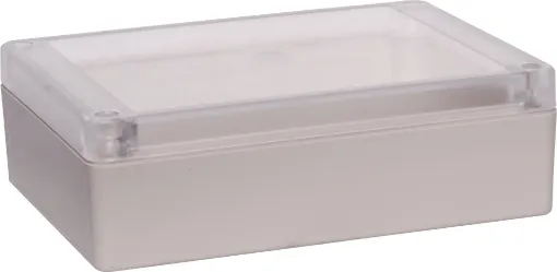 Supplied with neoprene lid sealing gasket. With the seal installed, these enclosures meet IP65 dust and hose proof standard. Supplied with a transparent lid (available with a solid grey lid, see H0305). PCB mounting points are moulded into the enclosure b
