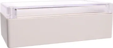 165Lx85Wx55Hmm IP65 Sealed ABS Enclosure Supplied with neoprene lid sealing gasket. With the seal installed, these enclosures meet IP65 dust and hose proof standard. Supplied with a transparent lid (available with a solid grey lid, see H0306) PCB mounting points are moulded into the enclosure ba