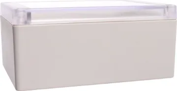 145Lx105Wx65Hmm IP65 Sealed ABS Enclosure Supplied with neoprene lid sealing gasket. With the seal installed, these enclosures meet IP65 dust and hose proof standard. Supplied with a transparent lid (available with a solid grey lid, see H0307). PCB mounting points are moulded into the enclosure b
