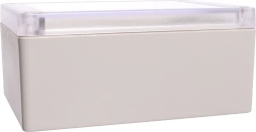 Supplied with neoprene lid sealing gasket. With the seal installed, these enclosures meet IP65 dust and hose proof standard. Supplied with a transparent lid (available with a solid grey lid, see H0307). PCB mounting points are moulded into the enclosure b