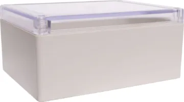 165Lx125Wx75Hmm IP65 Sealed ABS Enclosure Supplied with neoprene lid sealing gasket. With the seal installed, these enclosures meet IP65 dust and hose proof standard. Supplied with a transparent lid (available with a solid grey lid, see H0308). PCB mounting points are moulded into the enclosure b