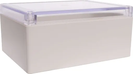 Supplied with neoprene lid sealing gasket. With the seal installed, these enclosures meet IP65 dust and hose proof standard. Supplied with a transparent lid (available with a solid grey lid, see H0308). PCB mounting points are moulded into the enclosure b