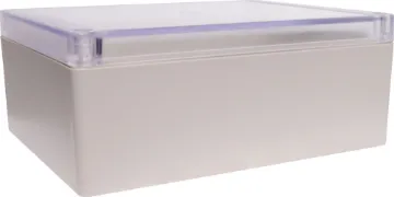 186Lx146Wx75Hmm IP65 Sealed ABS Enclosure Supplied with neoprene lid sealing gasket. With the seal installed, these enclosures meet IP65 dust and hose proof standard. Supplied with a transparent lid (available with a solid grey lid, see H 0310). PCB mounting points are moulded into the enclosure