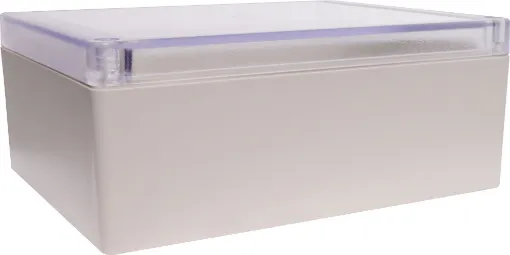 Supplied with neoprene lid sealing gasket. With the seal installed, these enclosures meet IP65 dust and hose proof standard. Supplied with a transparent lid (available with a solid grey lid, see H 0310). PCB mounting points are moulded into the enclosure 