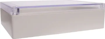 220Lx165Wx60Hmm IP65 Sealed ABS Enclosure Supplied with neoprene lid sealing gasket. With the seal installed, these enclosures meet IP65 dust and hose proof standard. Supplied with a transparent lid (available with a solid grey lid, see H 0312A). PCB mounting points are moulded into the enclosure