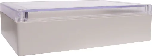 Supplied with neoprene lid sealing gasket. With the seal installed, these enclosures meet IP65 dust and hose proof standard. Supplied with a transparent lid (available with a solid grey lid, see H 0312A). PCB mounting points are moulded into the enclosure