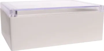 220Lx160Wx80Hmm IP65 Sealed ABS Enclosure Supplied with neoprene lid sealing gasket. With the seal installed, these enclosures meet IP65 dust and hose proof standard. Supplied with a transparent lid (available with a solid grey lid, see H 0313). PCB mounting points are moulded into the enclosure base.