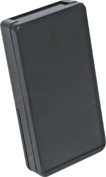68Wx130Dx25Hmm Black Hand Held Case ABS project box ideal for DMM adaptors, test gear, remote controls etc. Features battery compartment with screw on cover and PCB mounting points.