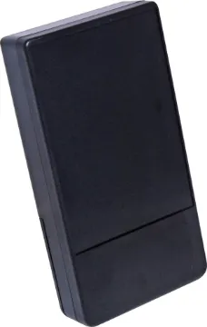 85Wx160Dx30Hmm Black Hand Held Case ABS project box ideal for DMM adaptors, test gear, remote controls etc. Features battery compartment with screw on cover and PCB mounting points.