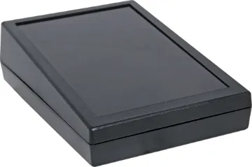 189Lx134Wx55Hmm Sloping ABS Desk Mount Box These stylish sloping front desk mount high impact ABS project enclosures are ideal for housing audio or video controllers, security systems, test equipment, control equipment, etc. They can be easily machined to suit custom applications.