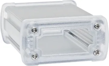 68x35x89mm Silver Extruded Aluminium Equipment Enclosure These rugged extruded silver anodised aluminium boxes are fitted with clear polycarbonate end caps for a professional finish. Extrusion has 5 PCB internal mounting ribs. Tough single piece extruded design. Includes four rubber feet.