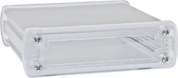 113x35x119mm Silver Extruded Aluminium Equipment Enclosure These rugged extruded silver anodised aluminium boxes are fitted with clear polycarbonate end caps for a professional finish. Extrusion has 5 PCB internal mounting ribs. Tough single piece extruded design. Includes four rubber feet.