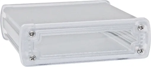 These rugged extruded silver anodised aluminium boxes are fitted with clear polycarbonate end caps for a professional finish. Extrusion has 5 PCB internal mounting ribs. Tough single piece extruded design. Includes four rubber feet. 
